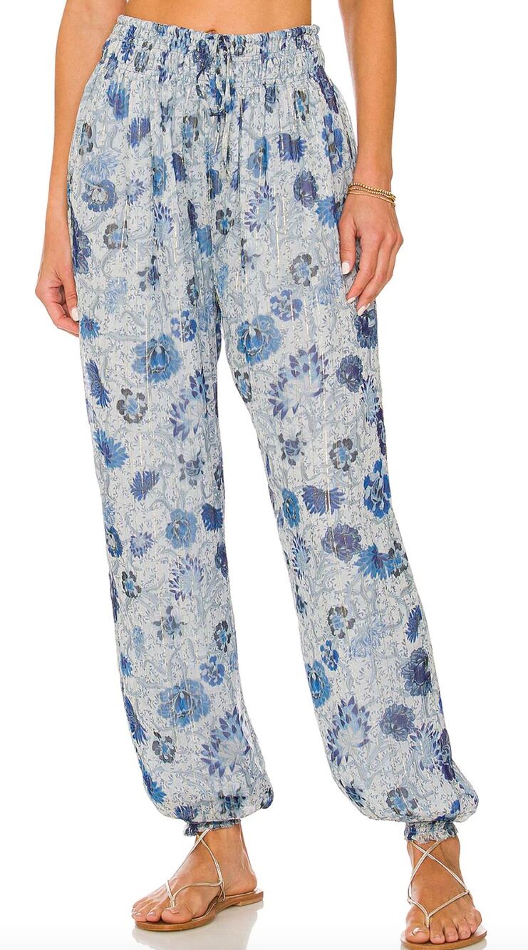 Tularosa Blue Floral Harem Pants SMALL Metallic Baggy Joggers Revolve $218 NEW